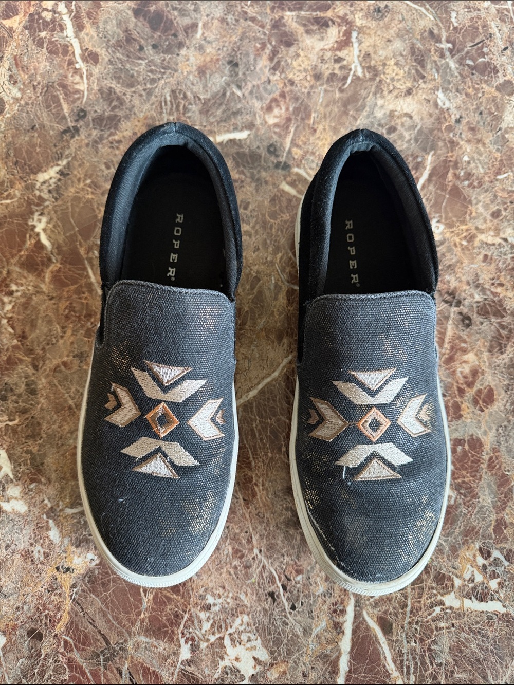 Roper Black Slip-On Loafers with Tan Embroidered Geometric Accent